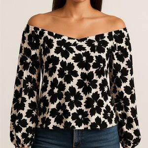 Gap Off Shoulder Floral Blouse Black White Boho festival Top Womens Small